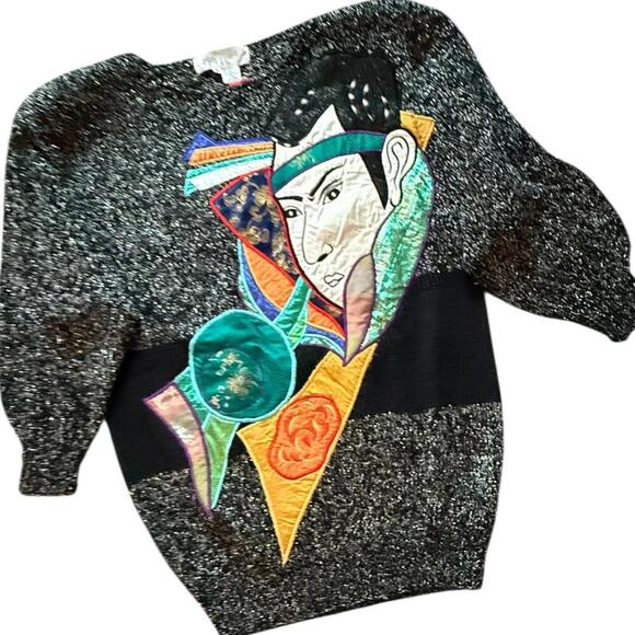 Nannell Vintage Asian-Inspired Metallic Knit Sweater Bold Applique Size S - Picture 1 of 6